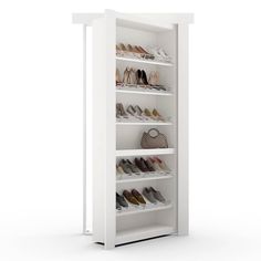 a white shoe rack with several pairs of shoes on top and bottom shelves in the middle