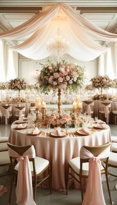 an elegant wedding reception with pink flowers and candles