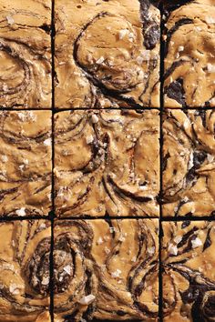 some brownies with icing and chocolate swirls on them are cut into squares