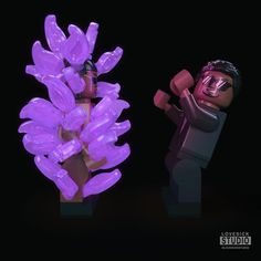 two lego figurines with purple lights on them