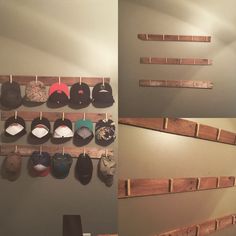 there are several hats hanging on the wall and one hat rack is made out of wooden planks