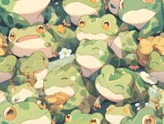 a group of frogs sitting next to each other