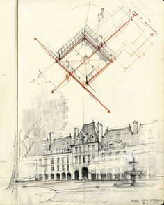 an open book with drawings on it and a drawing of a building in the background