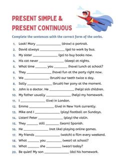 a printable worksheet for the present simple and present continuous words in english