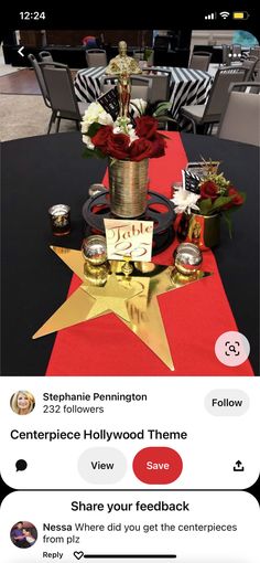 the table is decorated with red, white and gold decorations for an anniversary or special occasion