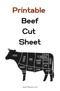 a cow cut diagram with the words printable beef cut sheet on it's side