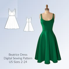 a green dress is shown on a mannequin stand with the text, beatice dress digital sewing pattern us sizes 2 - 24