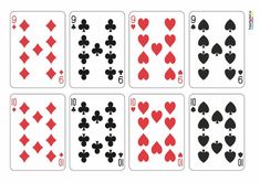 playing cards with hearts and spades are shown in red, black, and white