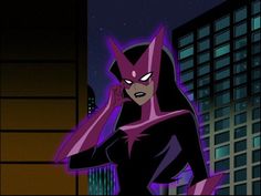 an animated female in a black and purple outfit talking on a cell phone at night