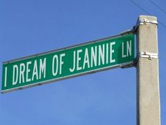 a green street sign that reads dream of jeannie ln on it's pole