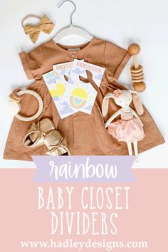 a baby's clothes and accessories with the text rainbow baby closet dividers on it