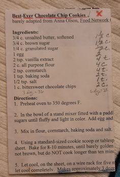 a recipe for chocolate chip cookies on a table