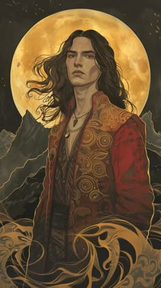 a painting of a man with long hair standing in front of a full moon and mountains