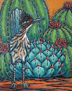 a painting of a bird standing in front of cacti and succulents