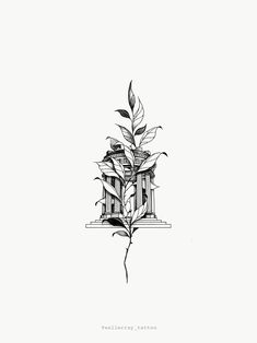 a black and white drawing of a house with a plant growing out of the front