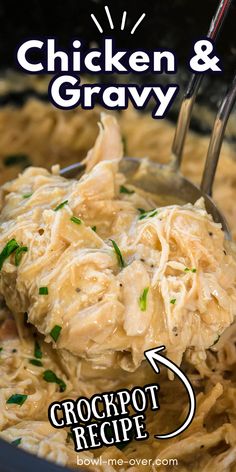 Chicken and gravy in crockpot with a ladle dishing some up. With Pinterest overlay. Crockpot Chicken And Gravy, Chicken And Gravy, Slow Cooker Meal, Serve Over Rice, Chicken Crockpot Recipes Easy, Smothered Chicken, Chicken Gravy, Crockpot Dishes, Easy Slow Cooker Recipes