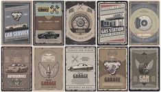 vintage car service signs and emblems in different styles, including the logo for an automobile shop