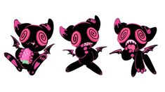 three pink and black cartoon cats with different designs on their body, one is holding a ball