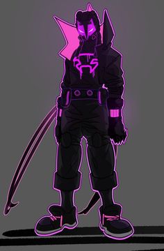 an animated character with purple lighting on his face and arms, standing in front of a gray background