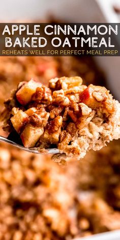 an apple cinnamon baked oatmeal in a white dish with a spoon full of oatmeal