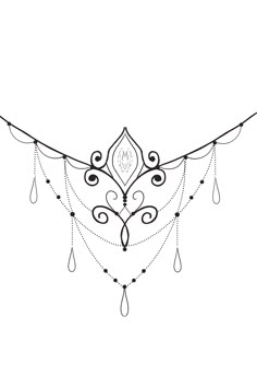 a black and white drawing of an ornamental design with tears on the side, hanging from a string