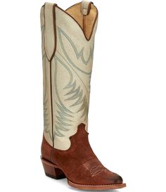 From Justin Boots&#x2C; the Clara Leather Western Boots feature: Leather upper Slip-on closure Leather liningLeather outsole Approx. 15" shaft height Approx. 15" shaft circumference Approx. 1.75" heel height Imported. Style Cowgirl Boots, Western Boots For Women, Knee High Western Boots, Suede Style, Beige Heels, Spot Lights, Leather Western Boots, Western Boots Women, Suede Fashion