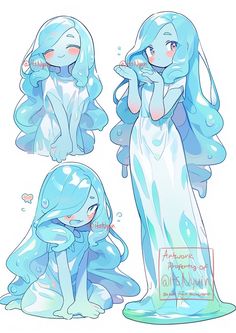 some drawings of an anime character with blue hair and long, wavy hair wearing a white dress