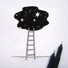 a drawing of a ladder leading to a tree with stars on it