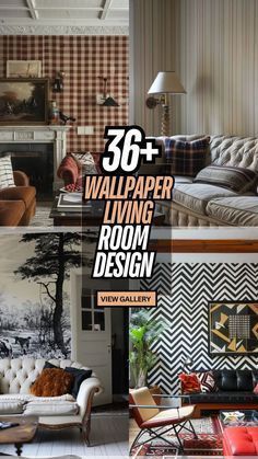 the cover of wallpaper living room design, featuring couches and chairs in different styles