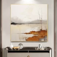 an abstract painting hangs on the wall next to a console table with two vases