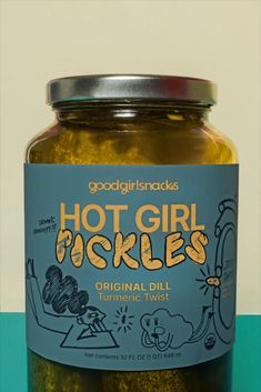 Leah Marcus and Yasaman Bakhtiar, two friends who met in college and were bonded by their Persian, Egyptian, and Tunisian backgrounds, founded Good Girl Snacks to bring the bold flavors of their heritage to pickle-loving Gen Z snackers. Gen Z Packaging Design, Pickle Branding, Pickle Packaging, Pickle Sauce, Sauce Branding, Chartreuse And Blue, Pickle Brands, Packaging System, Learning Graphic Design