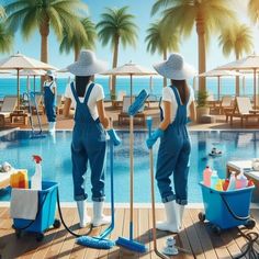 two women in overalls and hats are cleaning the pool with mop's