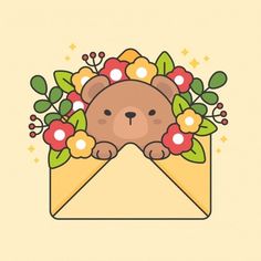 a teddy bear in an envelope with flowers and leaves on it's head is peeking out from the envelope