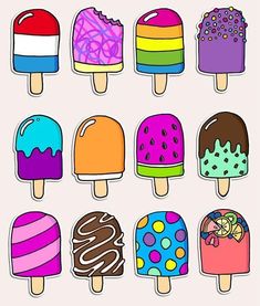 an assortment of ice creams with different colors and flavors in them on a pink background