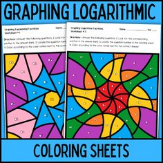 two coloring sheets with the words, graphing logarimic and colored by numbers