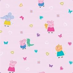 peppa pig wallpaper with hearts and other cartoon characters on the pink background for children's room