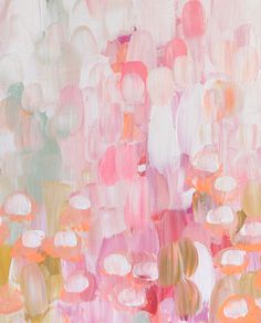 an abstract painting with pink, yellow and white colors