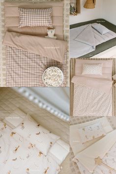 three pictures of different types of bedding and pillows