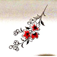 an artistic drawing of flowers on a white background with red and black ink in the middle