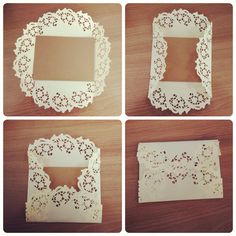 four pictures of doily and paper cut out to look like frames on a table