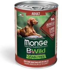 an open can of monge b - wild grain free dog food