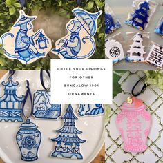 some blue and white ornaments are hanging on a wall with the words check shop listings for other bundallow 1994 ornaments