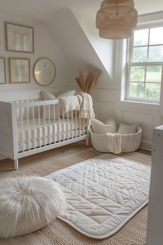 a baby's room with a white crib, chair and rug in it