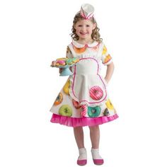 Time to make the donuts! Make quick friends in this Donut Waitress Costume. Costume includes dress and mini-hat headband. Does not include donuts, donut tray, socks or shoes. Color: White. Waitress Costume, 50s Costume, Colorful Donuts, White Apron, Theatre Costumes, Toddler Costumes, Halloween Fancy Dress, Girl Online, Baby Costumes