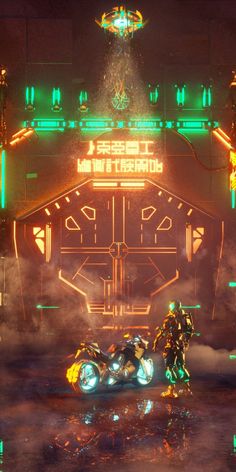 an image of a sci - fi movie scene with neon lights and futuristic vehicles in the foreground