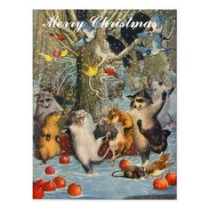 an old christmas card with cats and mice in the snow, surrounded by apples and birds