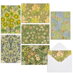 six cards with different designs on them and envelopes in the same color scheme, each featuring