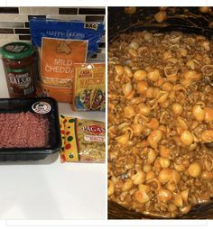 two pictures side by side, one has pasta and the other has meat in it