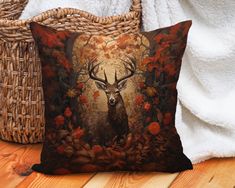 a decorative pillow with an image of a deer