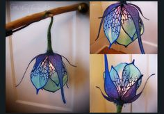 three pictures of a blue flower with green stems and purple petals, hanging from a door